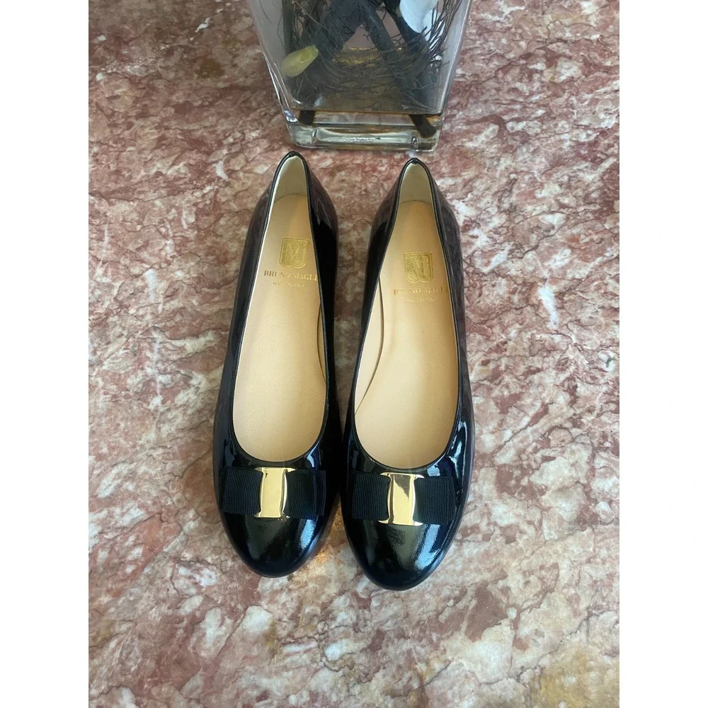 New Bruno Magli Mina Black Patent Leather Bow Ballet Flats Size 40 /US 9, $325